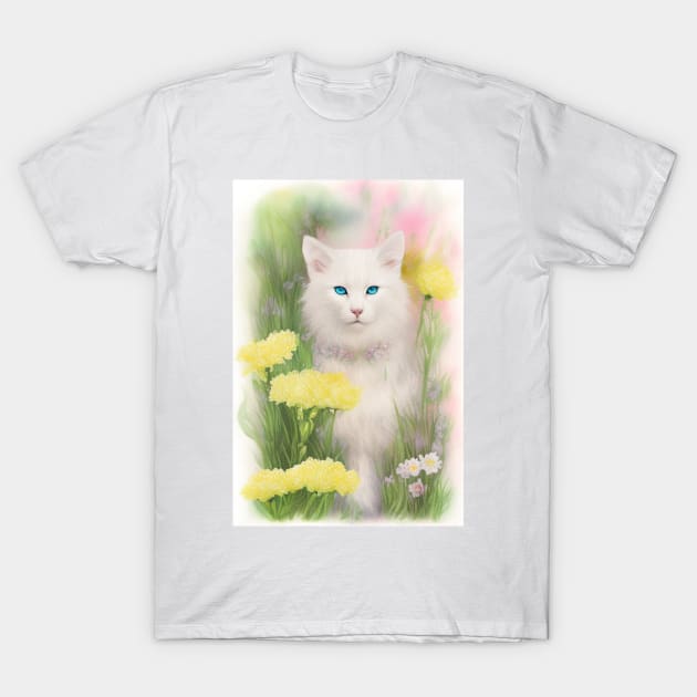 White Cat in the Flower Garden Soft Pastel Colors T-Shirt by Stades